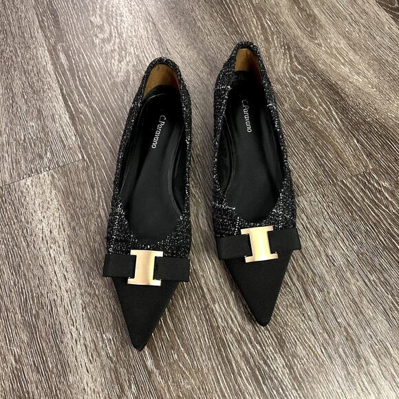 C. Paravano Aida Tweed Pointed Toe Flats Black Gold Metal Bow US 9 Workwear EUC - Picture 8 of 16